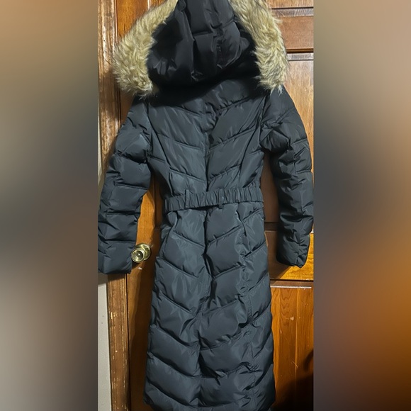 BEBE Black Puffer Long Coat Belted with Fur Trim Hood Women’s Size Medium - Picture 3 of 5